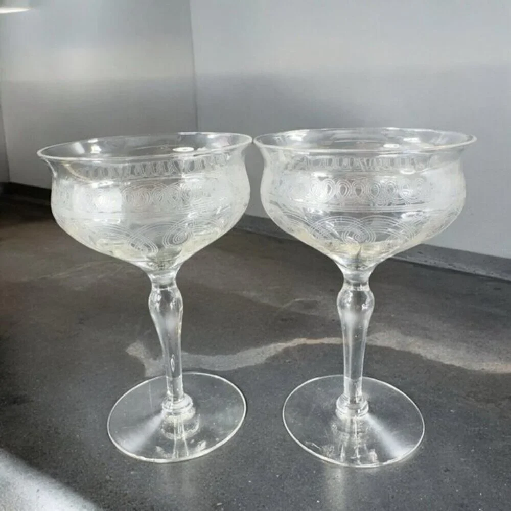 Antique French Glasses Needle Etched Green UV‎ Manganese 365nm Set 2 Drink Cups